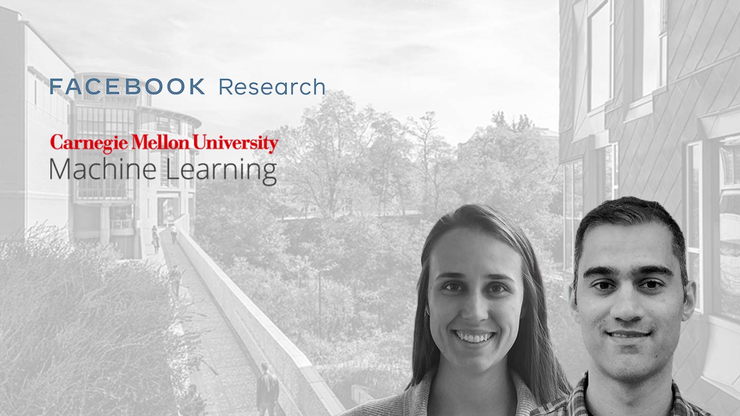 Machine learning Professors Ameet Talwalkar and Virginia Smith portrayed with a background of Carnegie Mellon's Gates Hillman Center on the back
